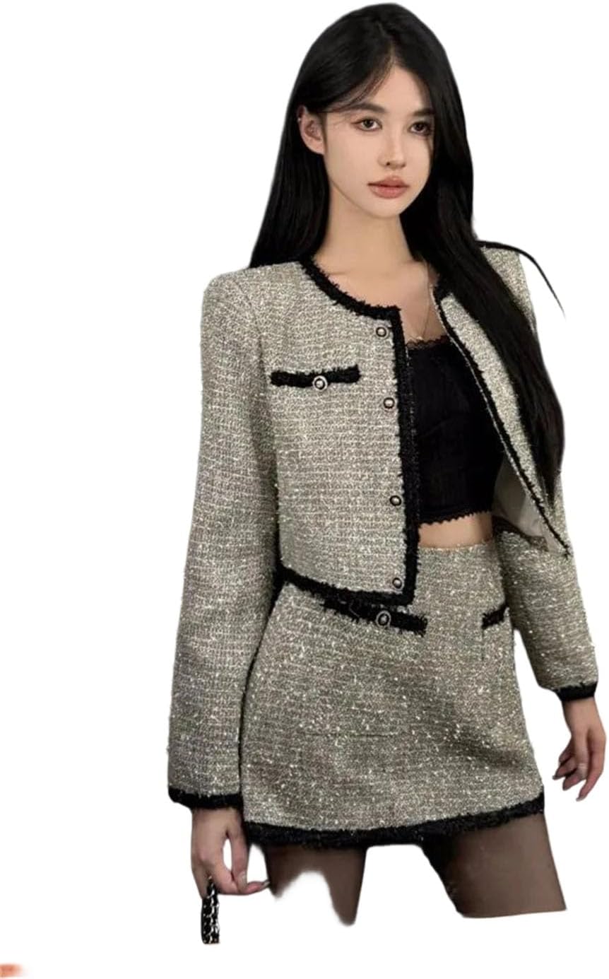 Women Tweed Two Piece Set Jacket Skirt Vintage Style Outfit
