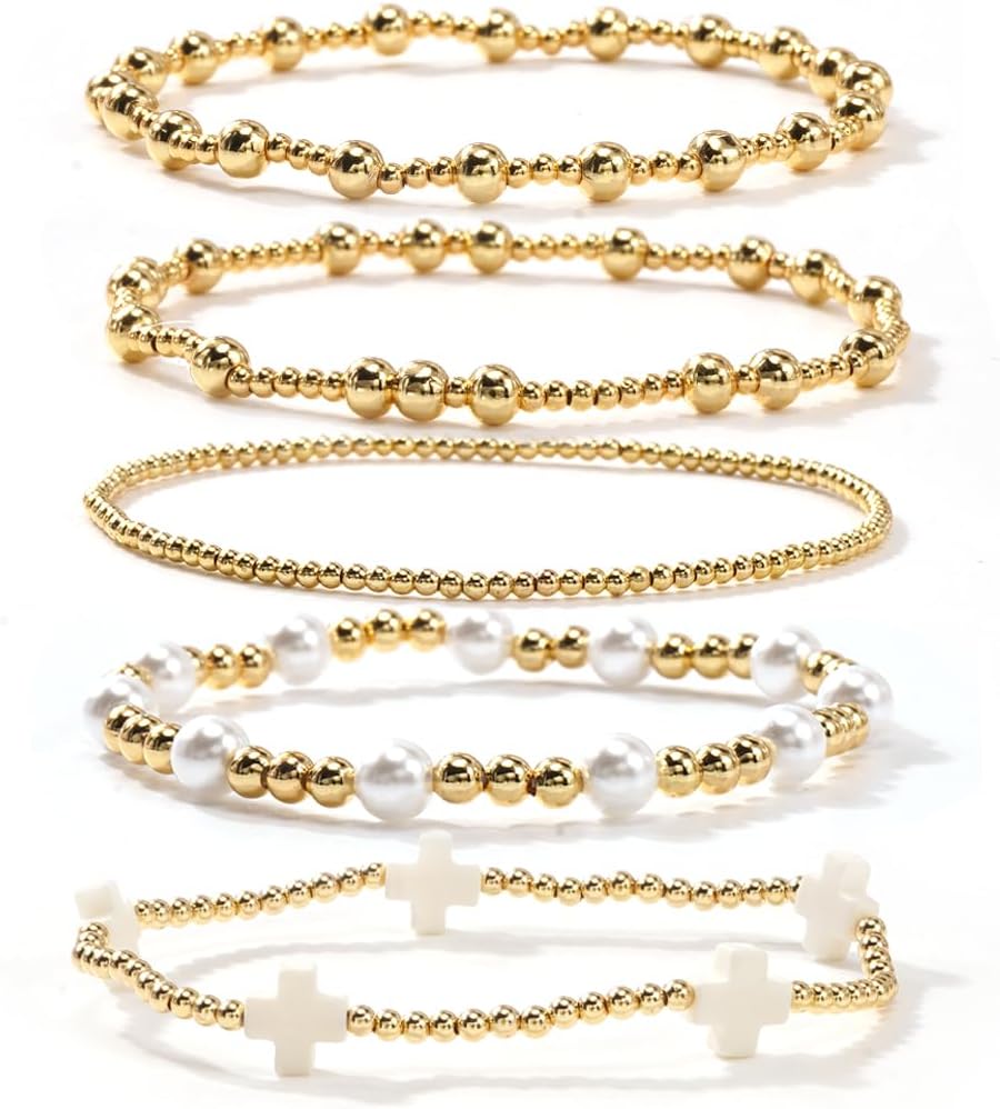 Dainty Cross Clover Gold Beaded Pearl Bracelet Stack for Women,Handmade Boho Gold Plated Beads Stretch Stackable Bracelets Fashion Birthday Prom Jewelry Accessories Gift Friendship
