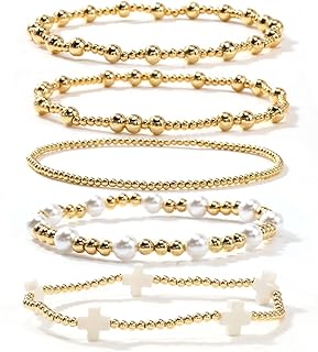 5Pcs Gold Plated Cross Beaded Bracelets Stack Set for Women,Stretch Stackable Boho Colorful Beads Ball Jewelry Friendship Summer Daily Wear Trendy