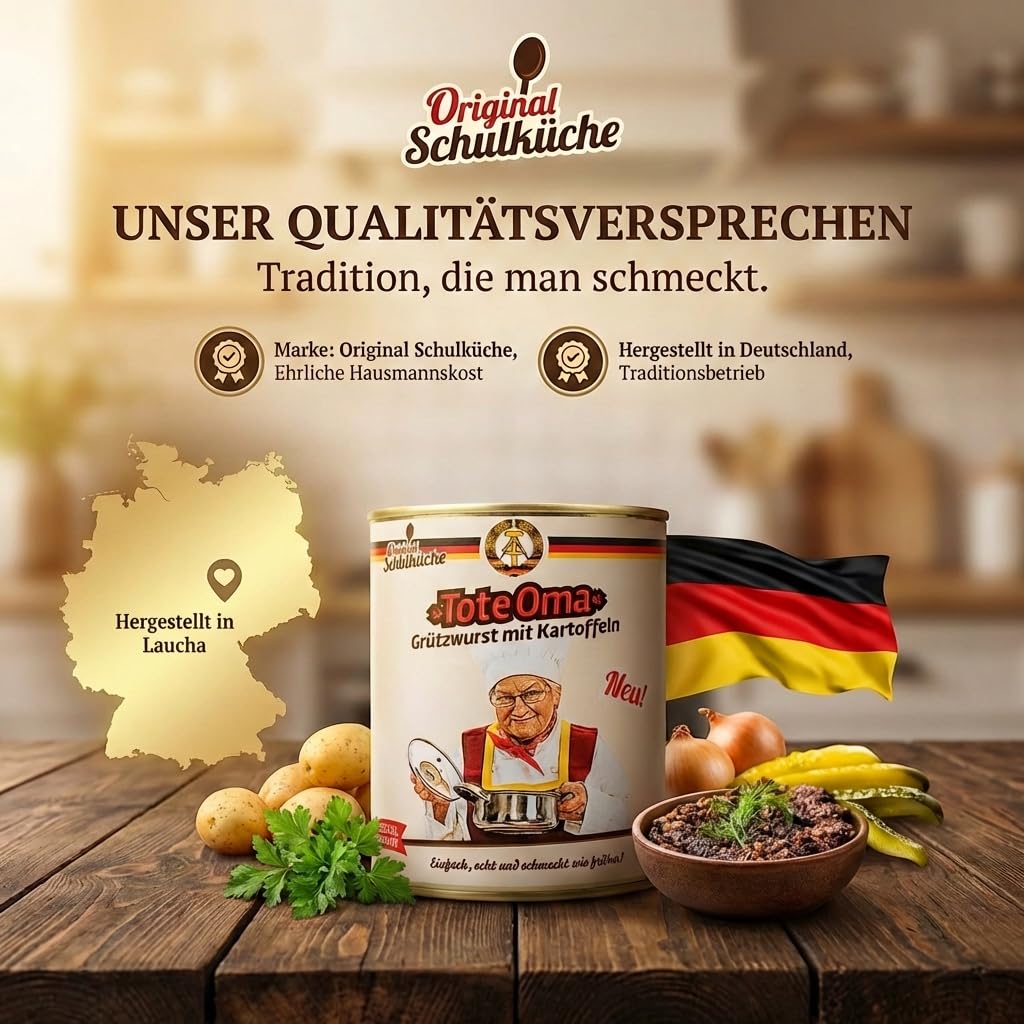 Schulküche 12x Tote Oma - Grützwurst mit Kartoffeln - DDR Fertiggericht | Original DDR Rezeptur ohne künstliche Zusätze, handgemacht im Kessel, inkl. Kochbuch & Grußkarte für Ostalgie Fans