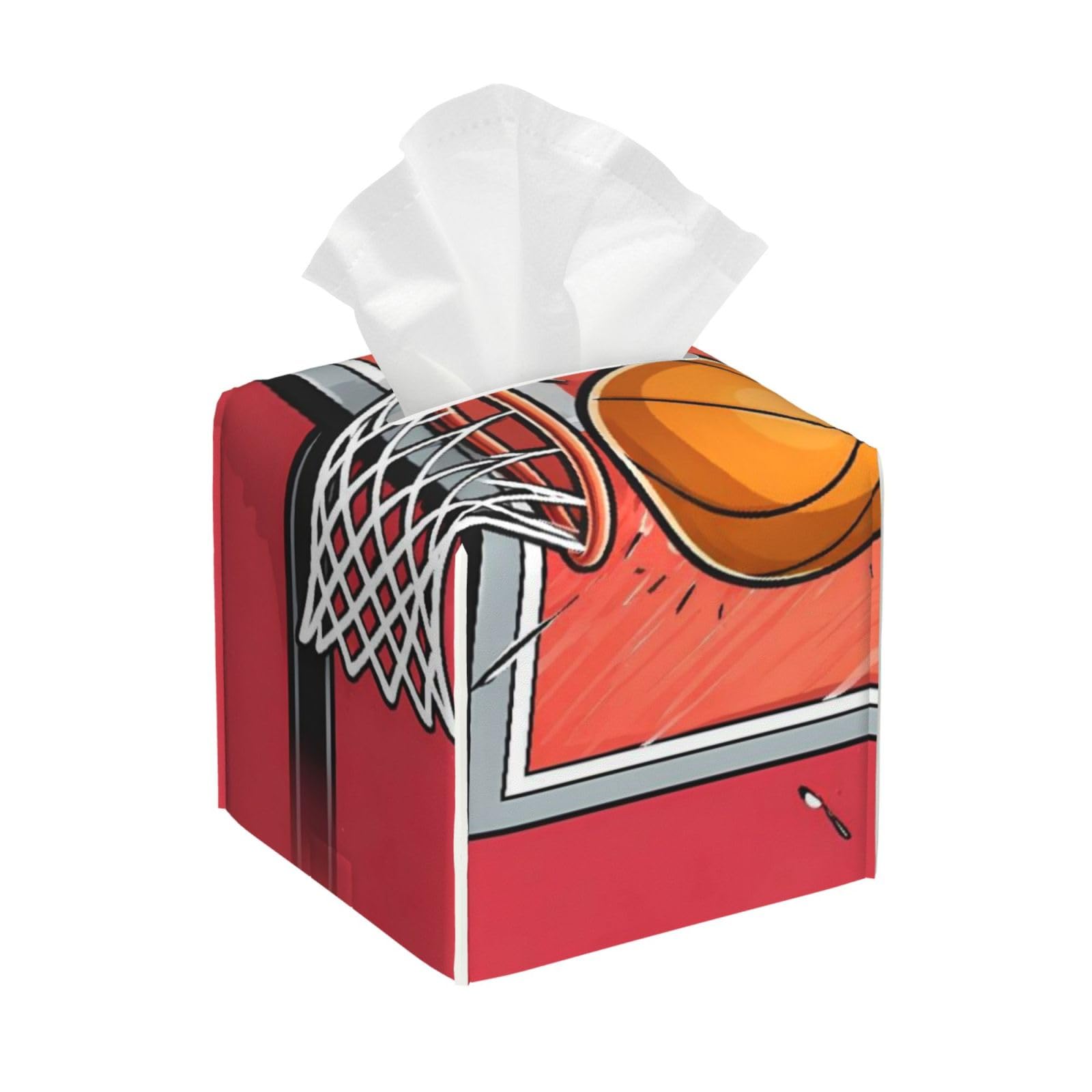 Basketball Rack Red Leather Tissue Box Cover Holder Square Facial Paper Organizer 5.2" X 5.2" X 5.2"
