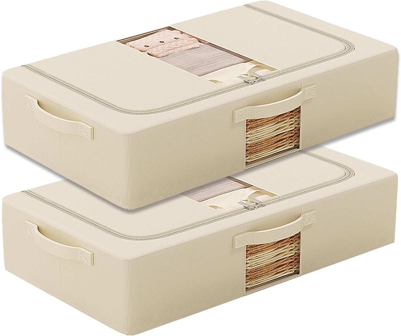 2 Pack Under Bed Storage Containers, Foldable Under the Bed Storage, Transparent Window and Double Zippers, for Blanket, Clothing, Comforter, Sweaters(Beige,50x40x15cm/20x16x6in)