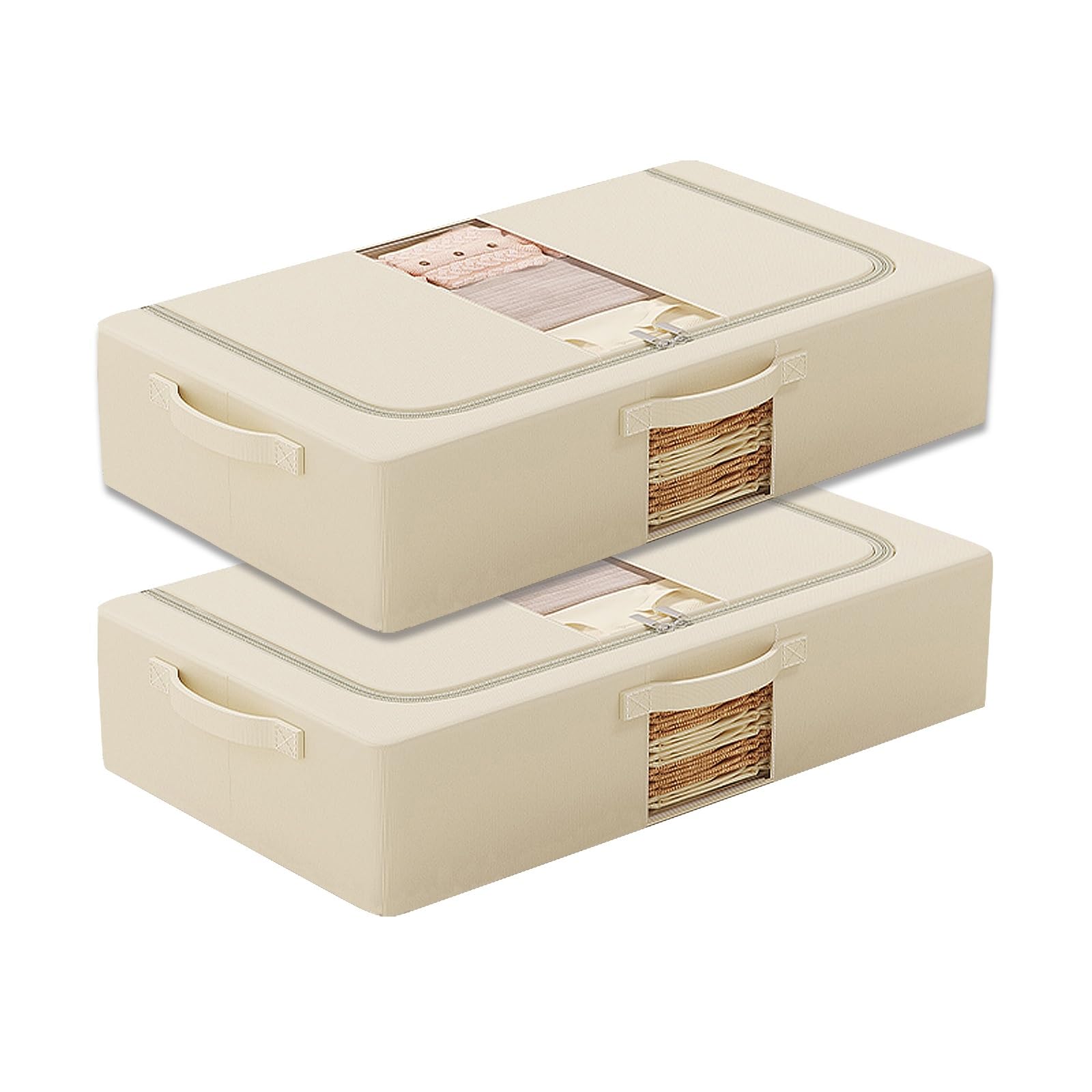 2 Pack Unterbett Aufbewahrungsbox, Faltbare Unterbettkommoden, Transparentem Sichtfenster und Doppelreißverschlüssen, für Decken, Kleidung, Bettdecken und Pullover(Beige,50x40x15cm/20x16x6in)
