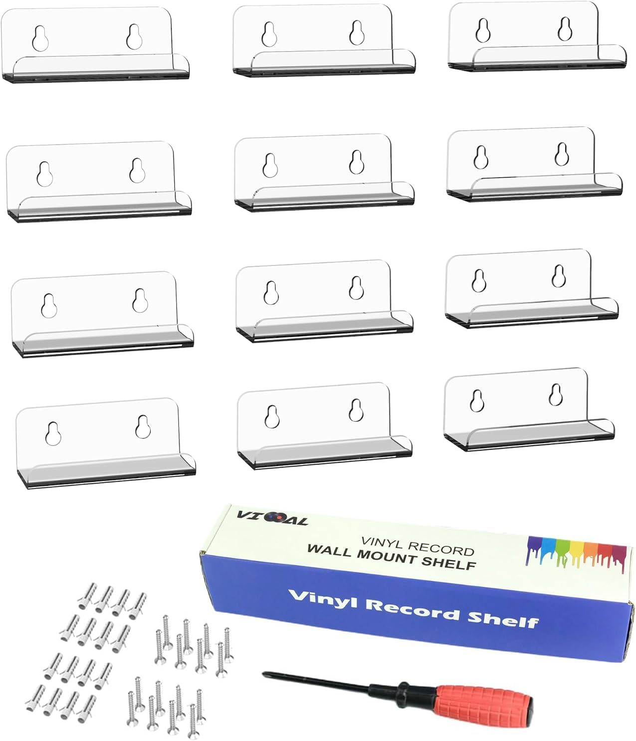 12 Pack 4 Inch Vinyl Record Shelf Wall Mount,Vinyl Record Shelf,Record Shelves Display Daily Listening and Decorate Your Office or Home (12, Clear)