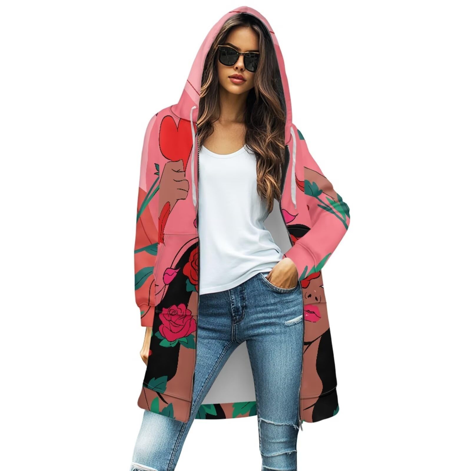 Womens Hooded Cardigan Sweaters Zipper Long Coatigan Jackets with Pockets Mid-Length Hooded Sweatshirt