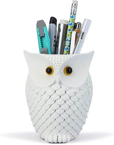 HDMbigmi Portalápices de búho para maquillaje, organizador de escritorio de resina para oficina, escuela y hogar (blanco)