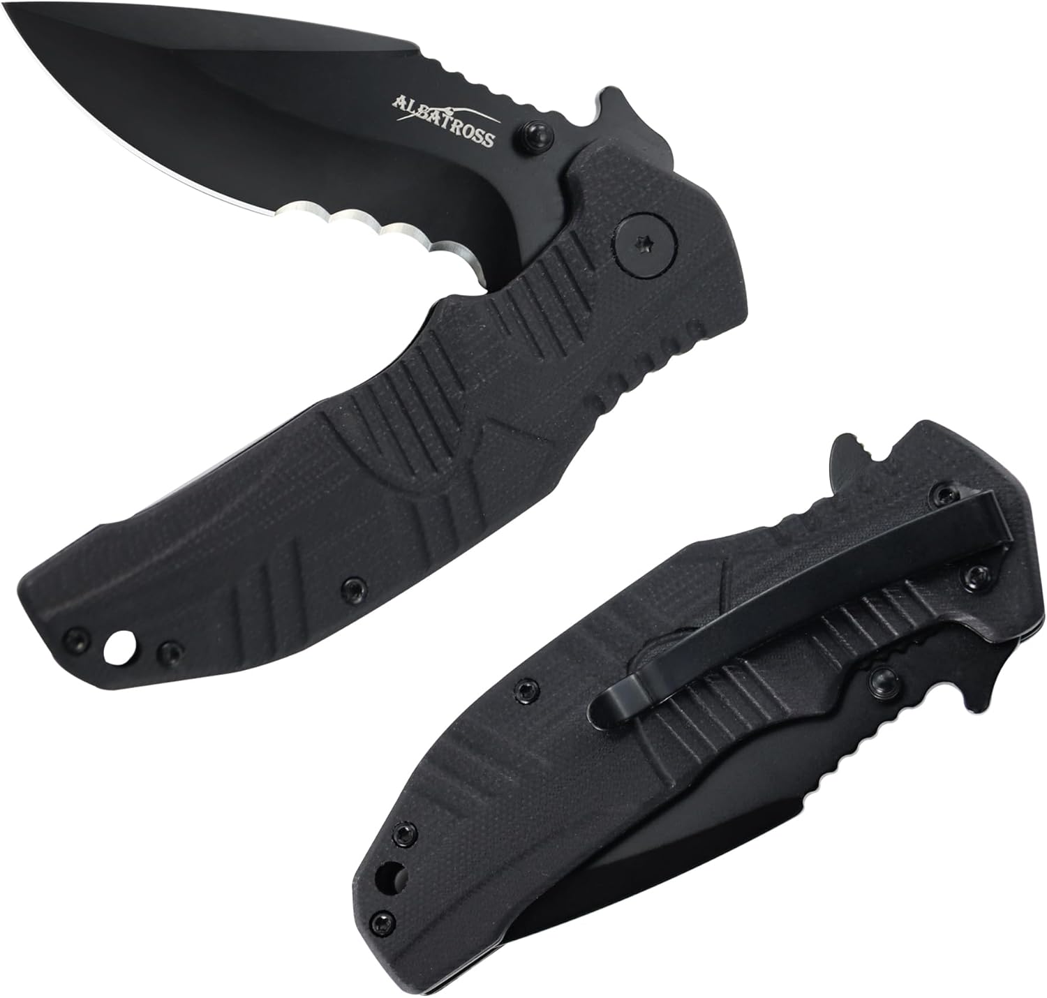 ALBATROSS Pocket Folding Knife, D2 Steel Black Drop Point Blade, Black G10 Handle, Flipper, Liner Lock, AS-XH2186