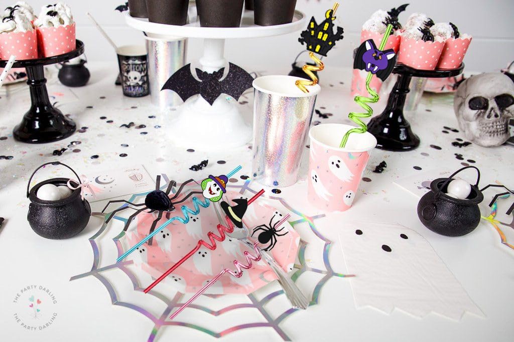 24pcs Halloween Curly Straws, Pumpkin Ghost Party Favors, 2 Brushes