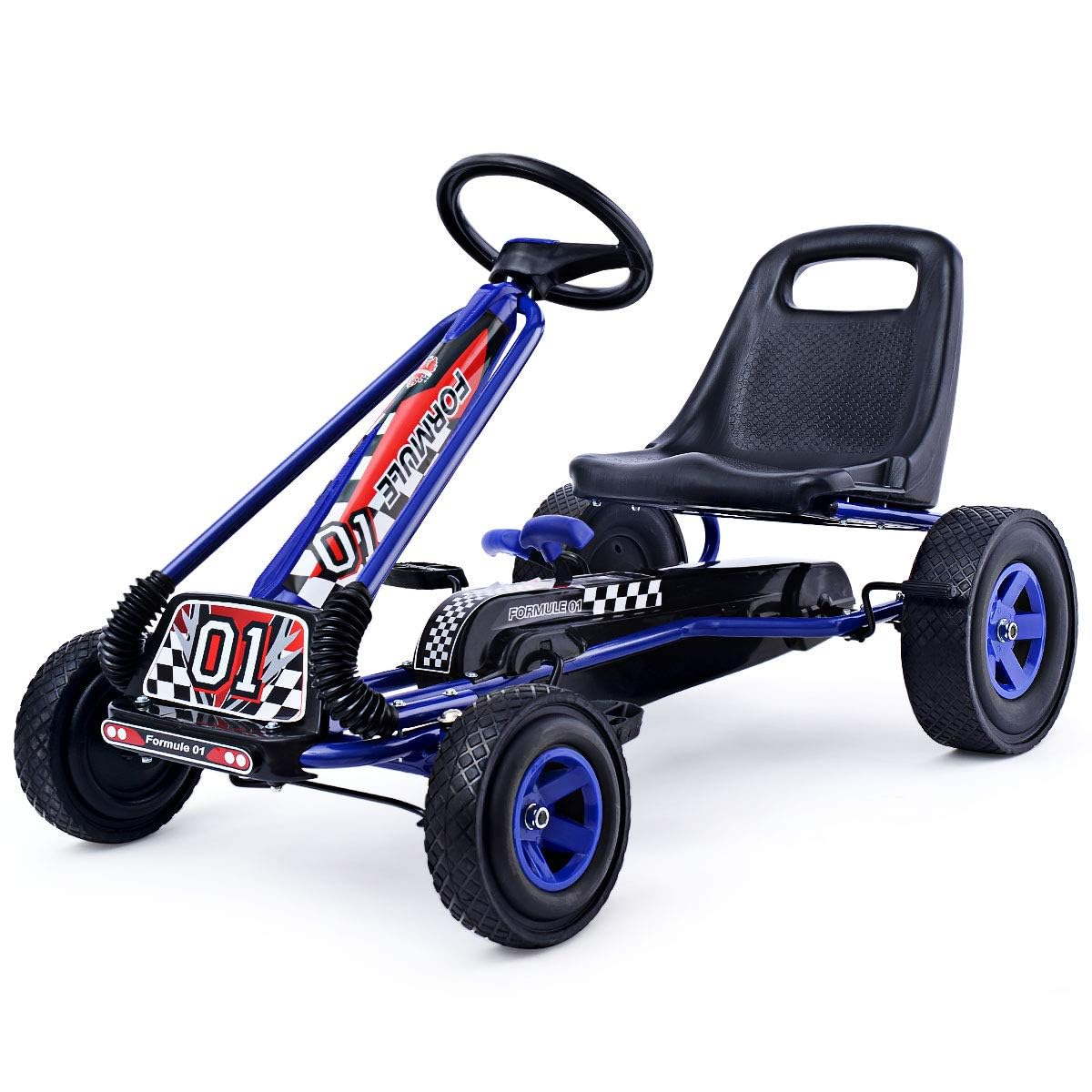 RELAX4LIFE Go Kart para Niños con Asiento Ajustable en 2 Niveles, 2 Pedales Antideslizantes y Freno de Mano, Coche de Pedales de PP con Ruedas de Goma, Adelante y Atrás, 101x61x62cm (Azul)