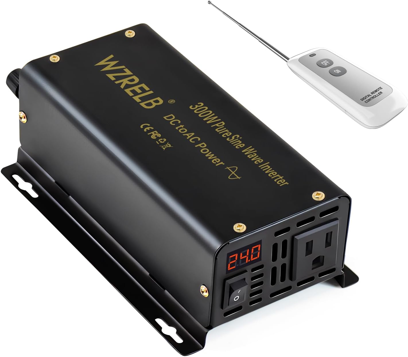 WZRELB 300W Pure Sine Wave Inverter 600W Peak DC 24V to 110V AC Power Converter Off Grid LED Display with Remote Controller