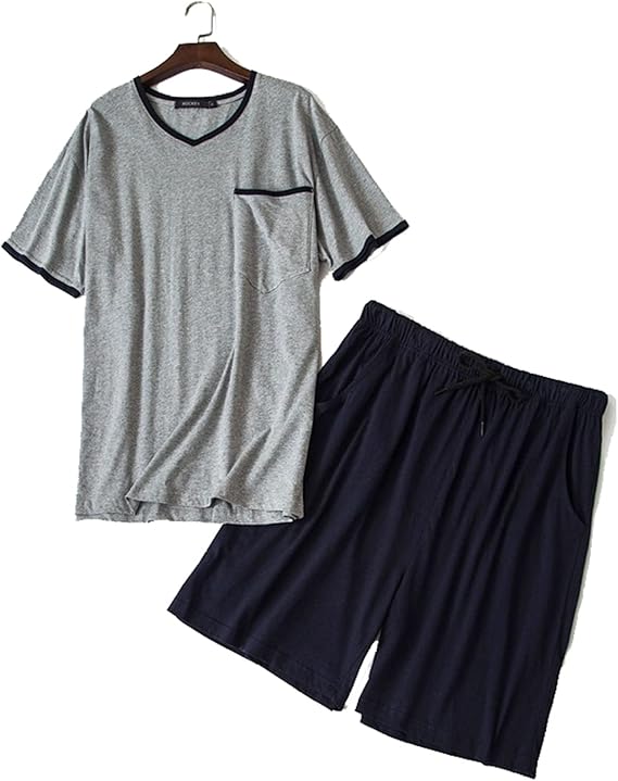 Amazon 綿100 パジャマ メンズ Vネック 半袖 夏用 ルームウェア 部屋着 寝巻き スウェット 上下セット ショートパンツ 通気性 吸汗速乾 涼しい 肌触り 快適 ワイド 男の子 男性用 リラックス ホテル 旅行 パジャマ 通販