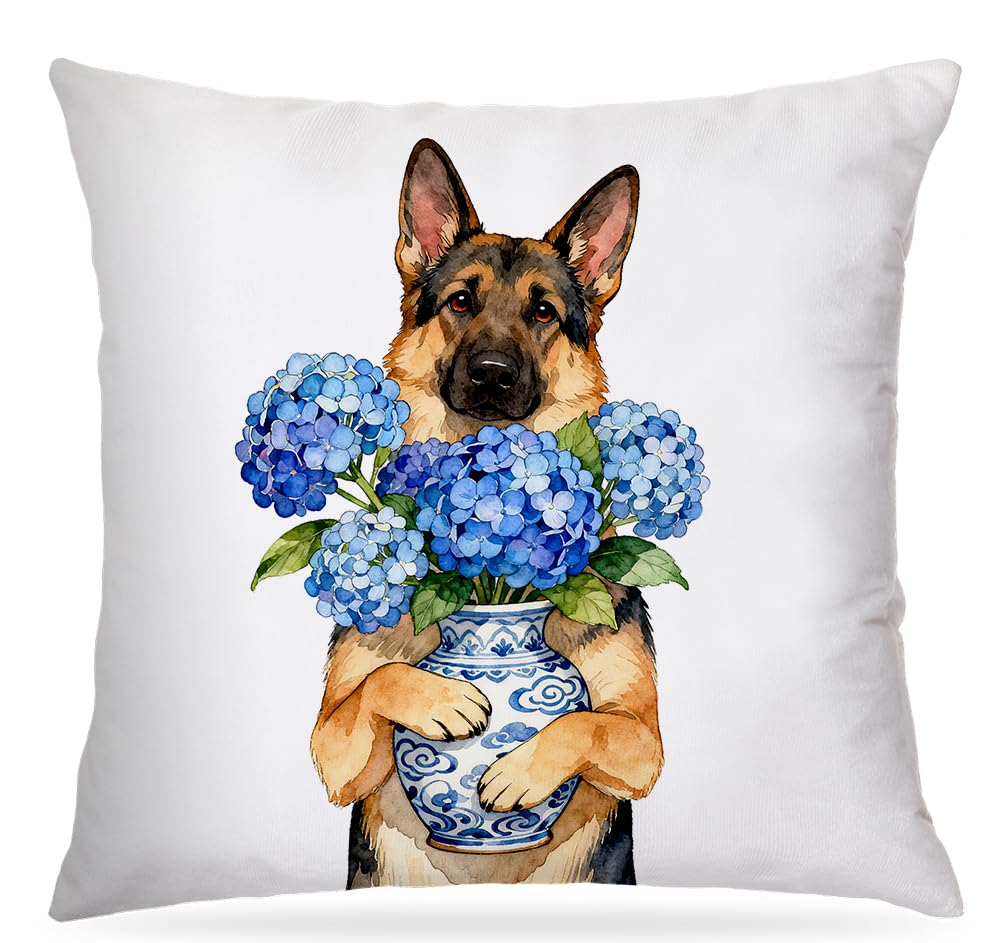 awdschkj Blue Chinoiserie Hydrangea German Shepherd Pillow Covers 18x18 German Shepherd Gifts Grandmillennial Blue Floral Dog Decorative Throw