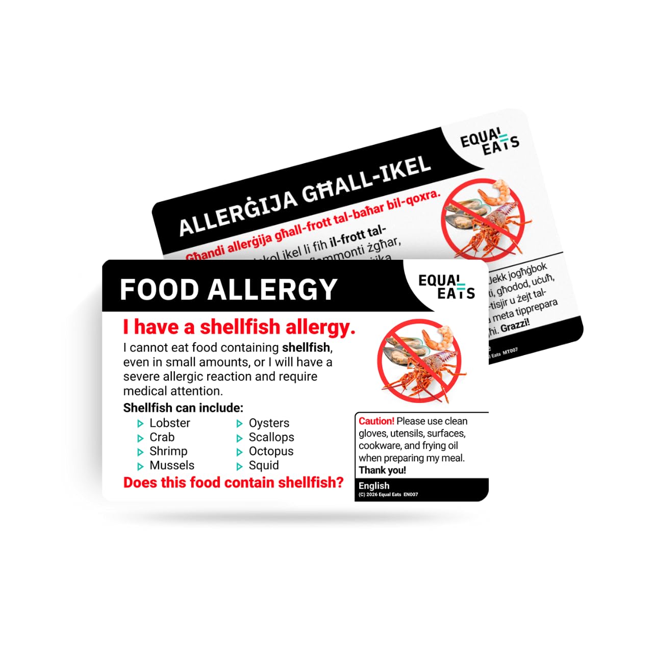 Equal Eats Shellfish Allergy Translation Card, Credit Card Size, English, Food Allergy Alert Card (Maltese)