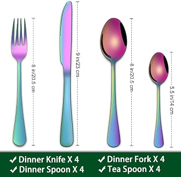 Colorful Rainbow 16-Piece Cutlery Sets Service for 5,Stainless Steel Silverware Sets Includes Knife Spoon and Fork Eating Utensils Sets for Kitchen Tableware Sets