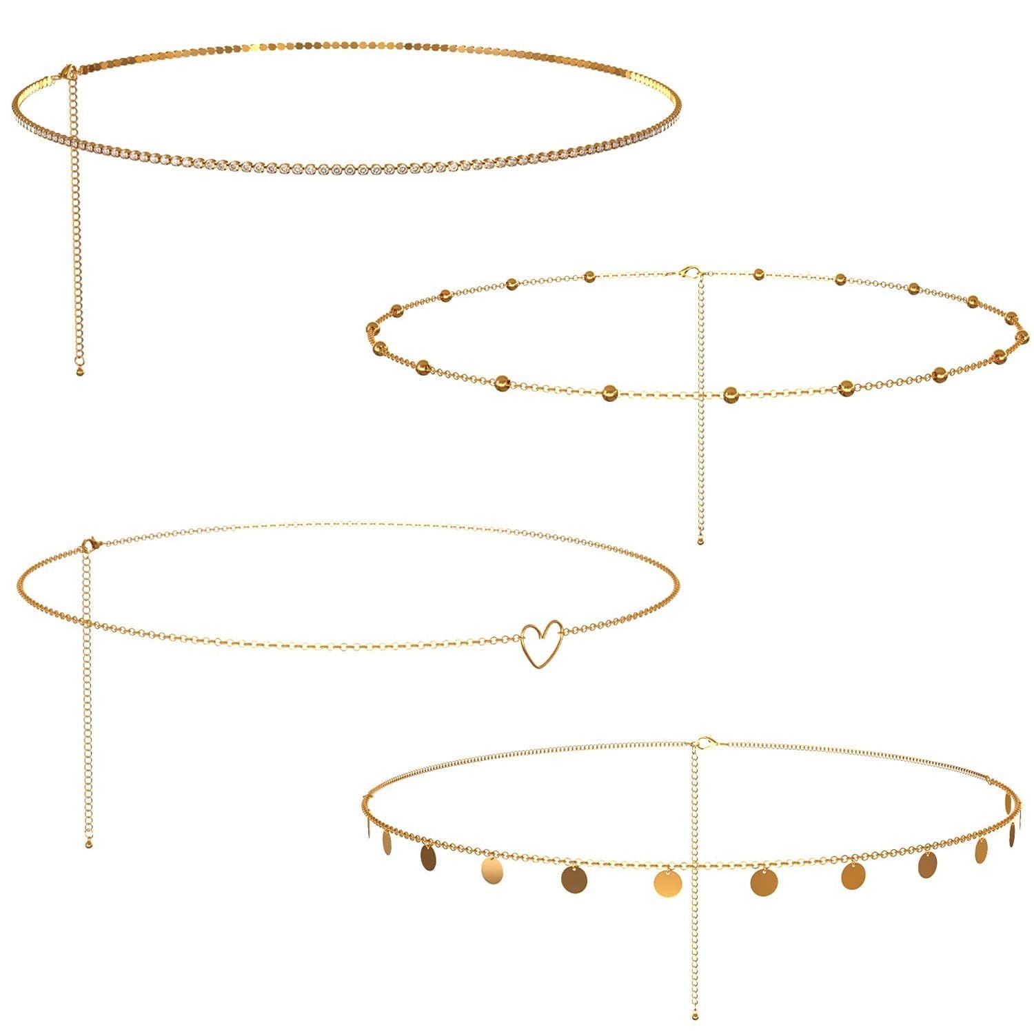 Metal Waist Chain for Women Girls Adjustable Body Link Belt Fashion Belly Jewelry 4 Pieces Belly Waist Chain, Summer Body Beach Jewelry for Jeans Dresses (Gold)