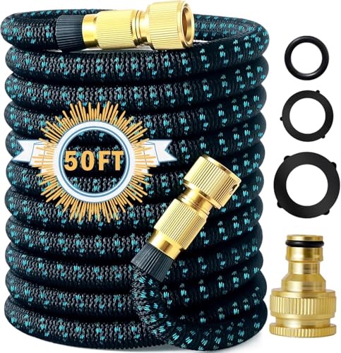 50FT Garden Hose, Retractable Garden Hose, No Kink Flexible Hose - for Garden Watering, car Washing, pet Bathing and More. (Reaching 50FT After Expansion)