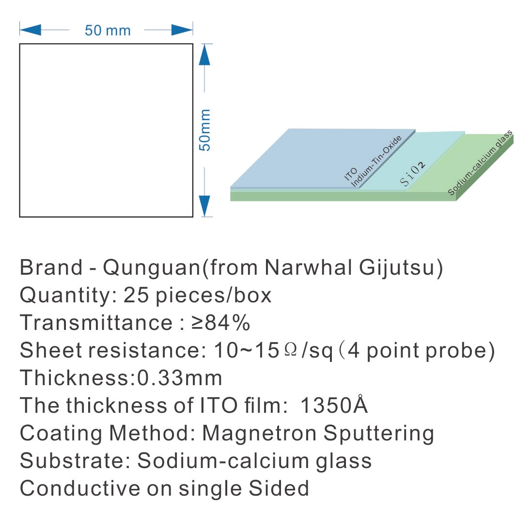 0.33mm Thickness ito Coated Conductive Glass Substrate Indium tin Oxide for Lab (50×50mm 25 pcs/packapg)