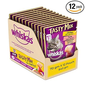 Whiskas Tasty Mix, Adult (1+ Years) Wet Cat Food with Real Fish, Chicken with Tuna and Carrot in Gravy Flavour, 12 x 70 g Pouches