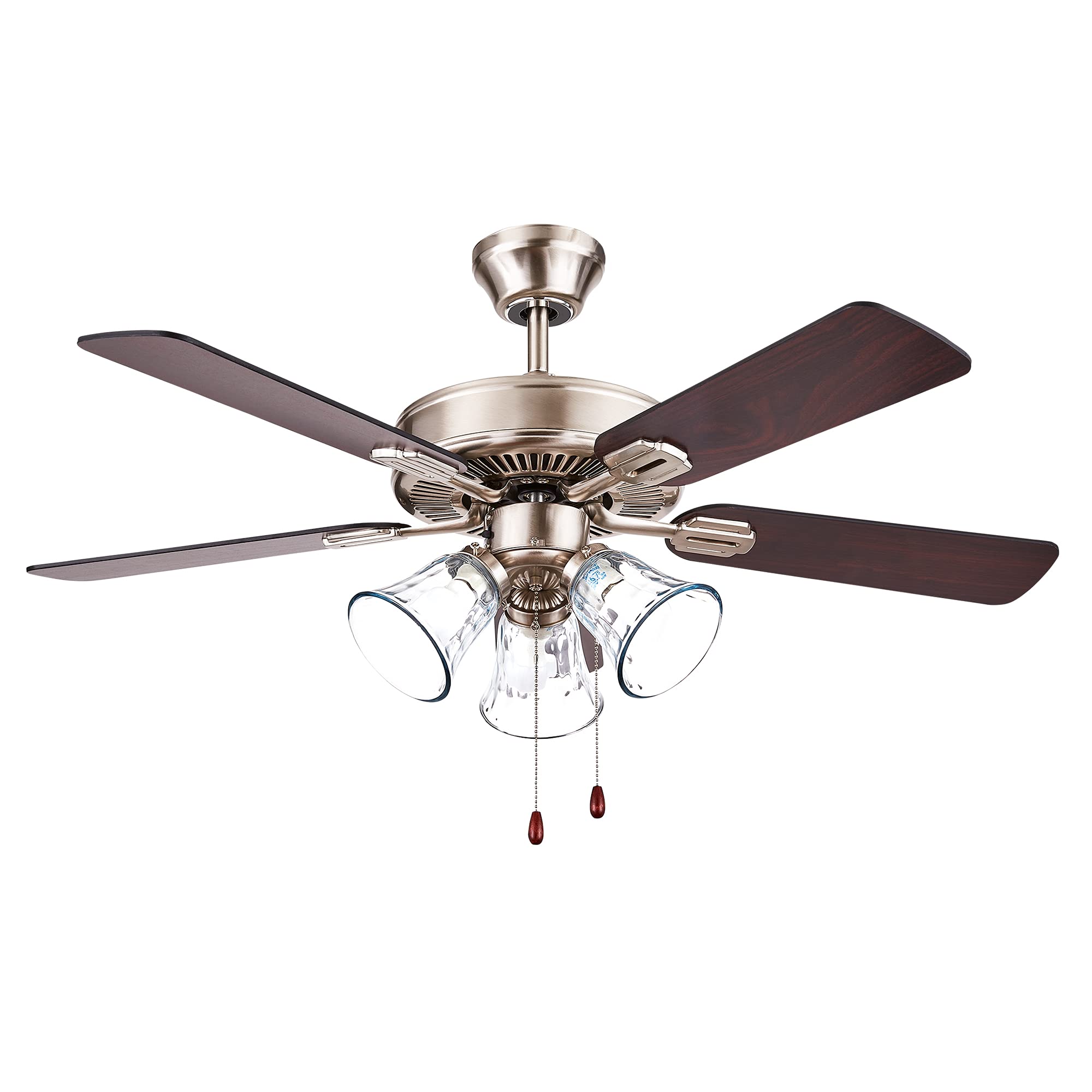 Richmond 42 Inch Ceiling Fan with Lights | Stainless Steel Fixture with Pull Chain, Reversible Blades, 3 LED Bulbs | Dual Mount Feature for Flush or Downrod Install; PHOTO IS LIKENESS 