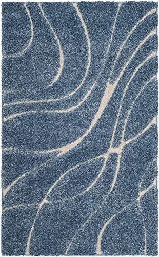 Image of Geometric Wave Shaggy Carpet for Living Room, Bedroom, High Low Design Finish Microfiber 1.8 Inch Pile High, 3x5 Feet Royal Blue|Ivory Color