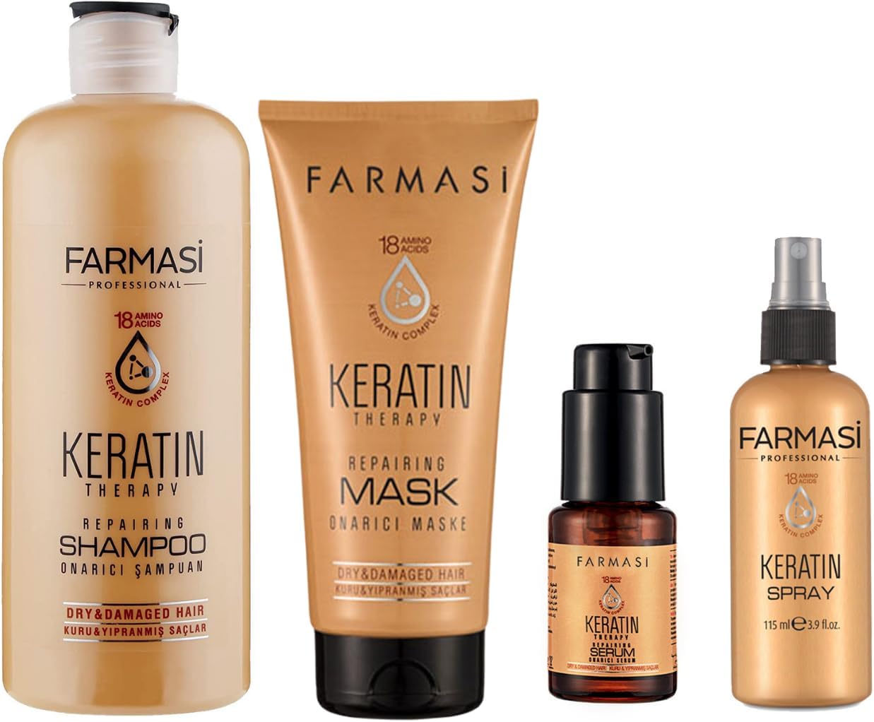 Farmasi Keratin Therapy Hair Care Set: Repairing Shampoo 12.2 fl oz | Hair Mask 6.7 fl oz, Leave In Serum 1 fl oz, Repair Spray 3.9 fl oz for Dry Damaged Hair, Smoothness and Shine System