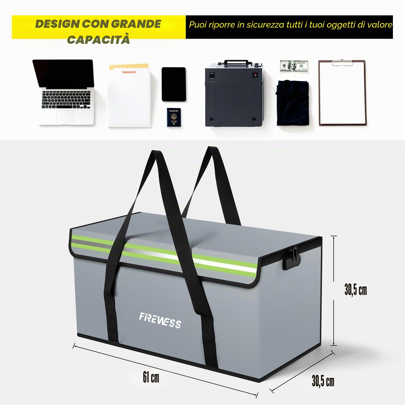 Lipo Safe Bag, Resistente al Fuoco Ignifuga, Impermeabile, 60 x 30 x 30 cm, Grande borsa a prova di fuoco Lipo per documenti in formato A4, banco passaporto, gioielli di valore