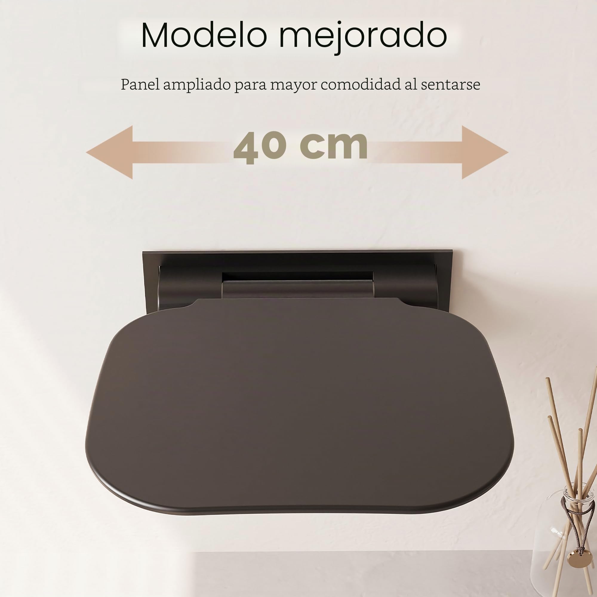 Asiento de ducha ampliado plegable montado en la pared, color negro, 40 × 39 cm, taburete de ducha para baño, silla de ducha plegable para reinstalación y renovación de baño
