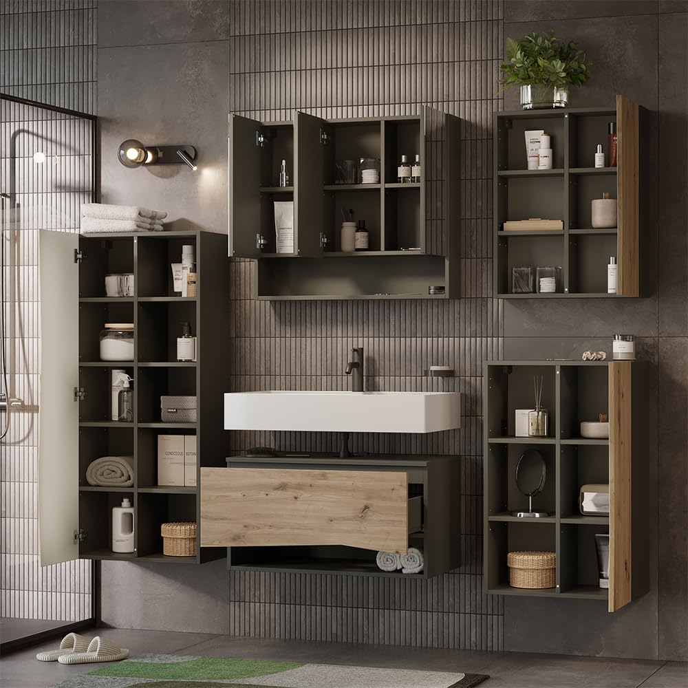 Vicco Armario de baño Willow, Artesano, 56 x 70 cm con 3 Compartimentos Abiertos, Apto para Montaje en Pared y para Diferentes tamaños de baño