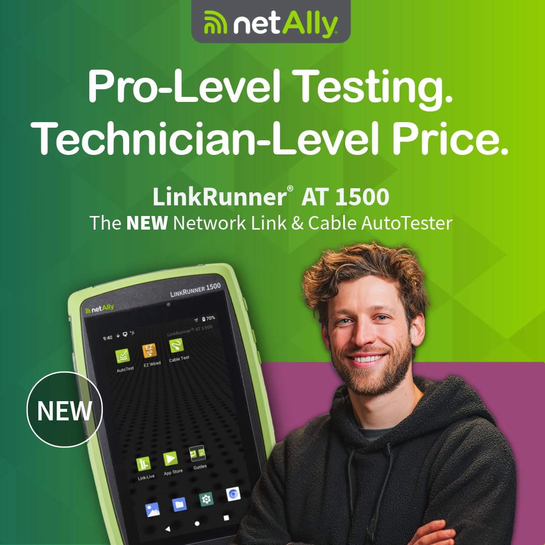 NetAlly LinkRunner AT 1500 Essential tester sieci i kabli | szybki 8-stopniowy autotest, PoE + ładowanie, ping, Switch, VLAN, DHCP, DNS, Gateway | Niezawodne, standardowe wyniki codziennej weryfikacji