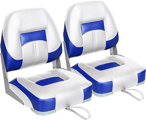 ErgoSeat Asiento de barco plegable con respaldo bajo de dos tonos, blancoazul, paquete de 2 unidades
