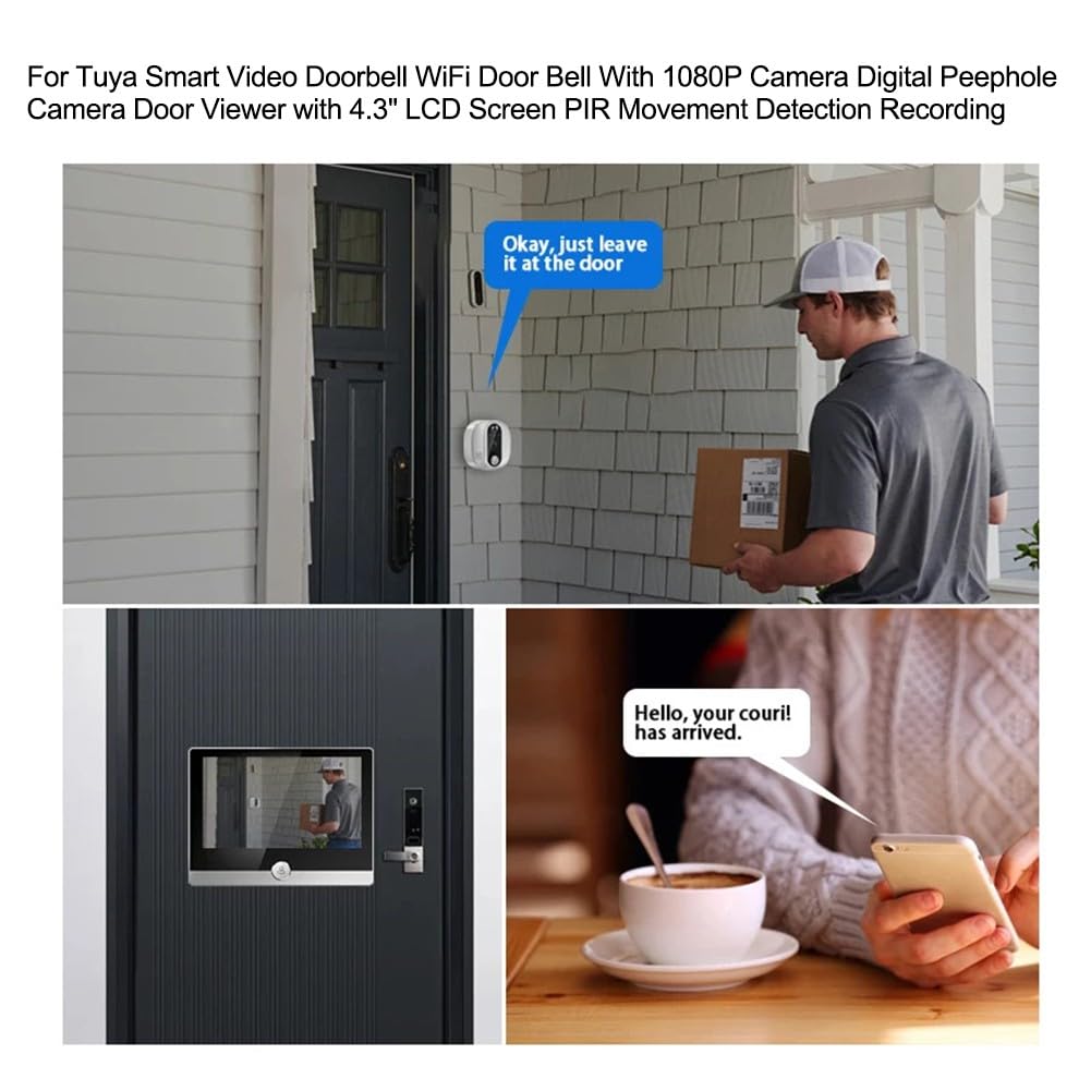 Wifi - Mirilla para puerta con pantalla a color de 4,3 pulgadas, 1080P HD, lente gran angular de 167°, detector de movimiento, compatible con Alexa, comunicación bidireccional, para seguridad