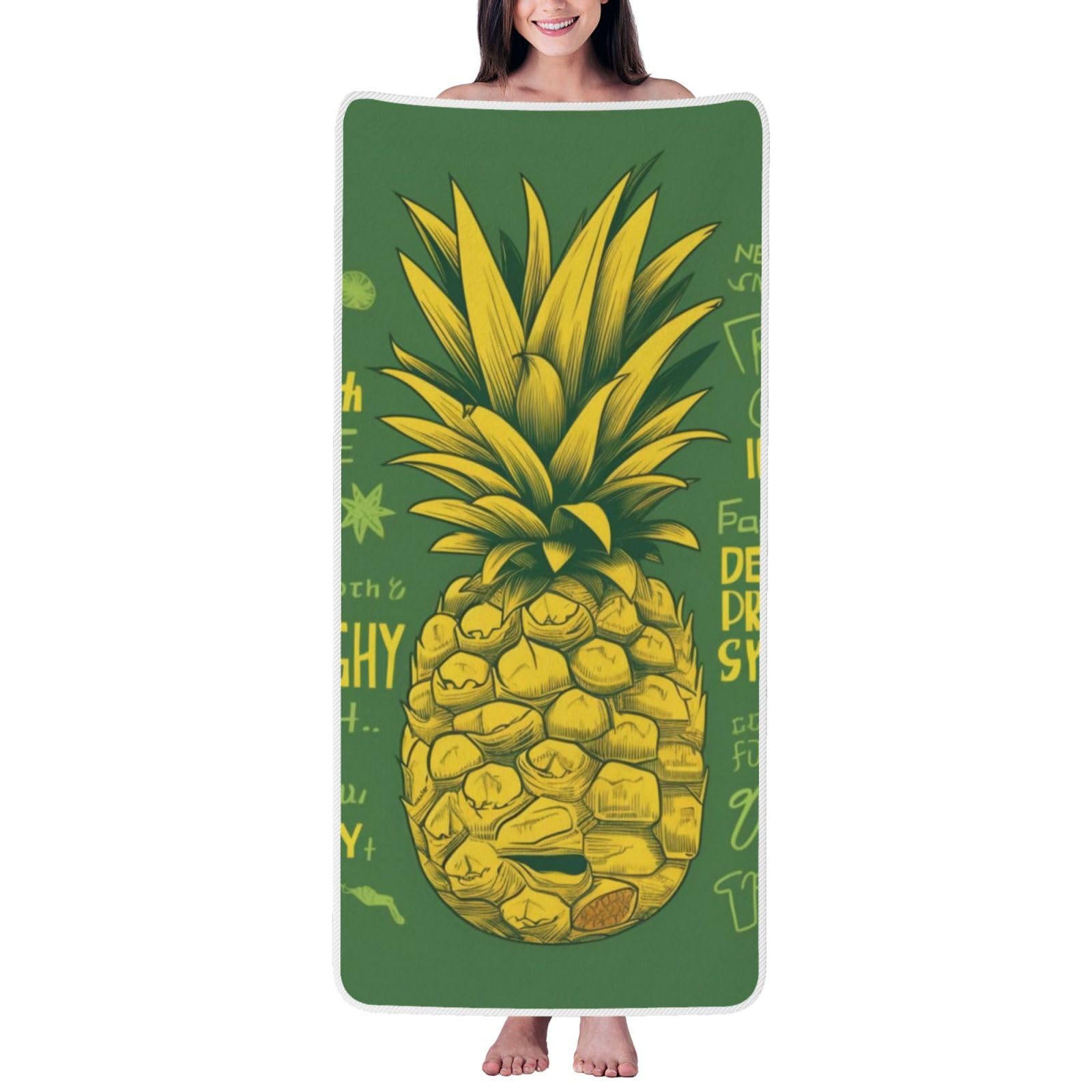 WPKJU Psych Pineapple Quote Printed Bath Towel with White Edging - 27x55 in Soft Extra Absorbent Coral Velvet Shower Towels for Bathroom