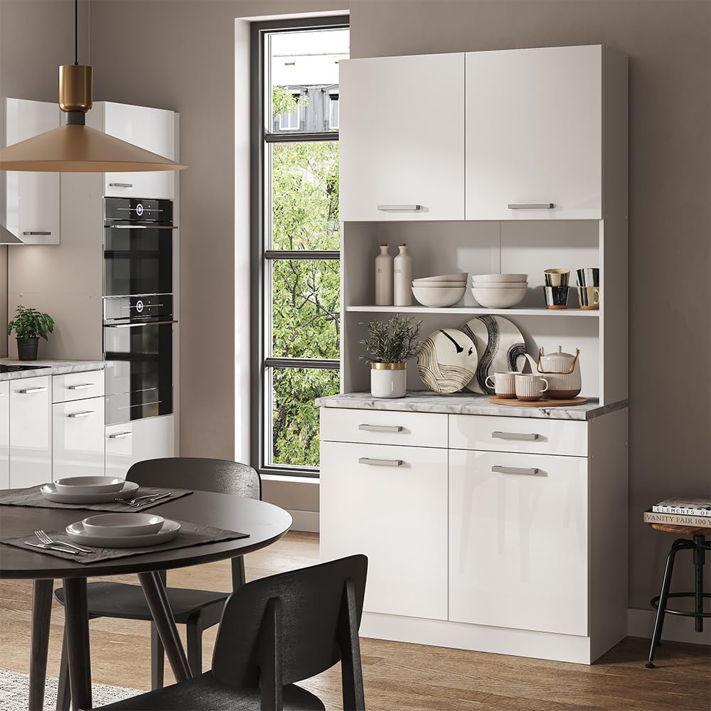 Vicco Bloque de Cocina R-Line, Blanco Alto Brillo, 100 cm, ET Mármol, Apto para combinación Modular en líneas de Cocina