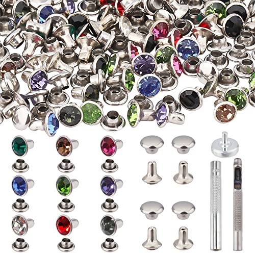Nbeads 200 Sets Rhinestone Rivets, Brass Crystal Rivets Studs With Pieces Setting Tool Kit Colorful Rivets For Leather Craft Diy Making #TOP12
