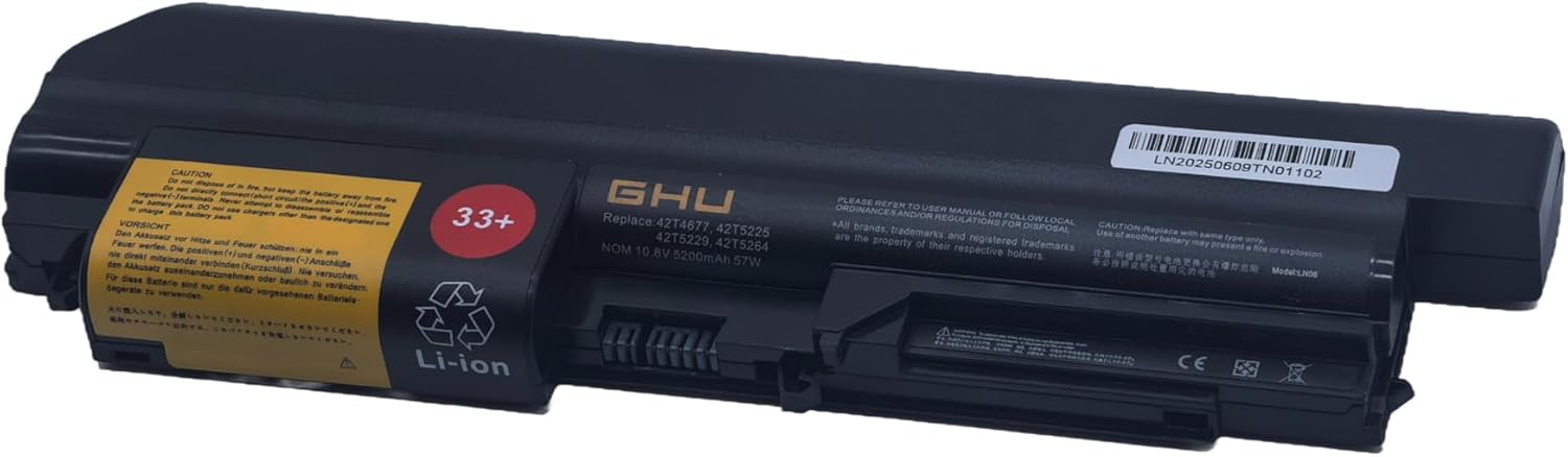 GHU New Battery 33+ 48 WH Replacement for 43R2499 42T4644 41U3198 42T4677 Compatible with Lenovo Thinkpad R61 T400 R400 42T4531 42T5225 42T5229 42T5226 42T5264 41U3196 42T5225 42T5262