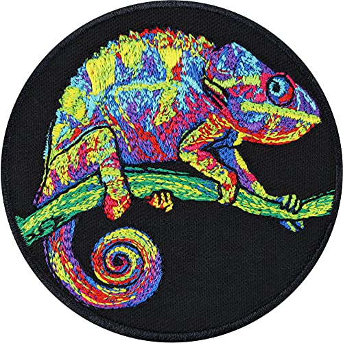 Parches ropa termoadhesivos 'Camaleón psicodélico' | Patch para coser/planchar | Diseño bordado de lagarto | Pegatinas de tatuaje Maorí | Aplicación de tela para planchar | 70x70mm