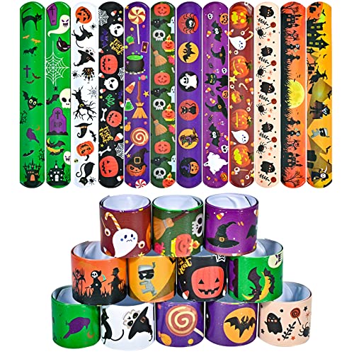 48pcs Halloween Slap Bracelets,Assorted Snap Bracelet Pumpkin Witch Wristbands for Kids Trick or Treat Halloween Party Favors Supply