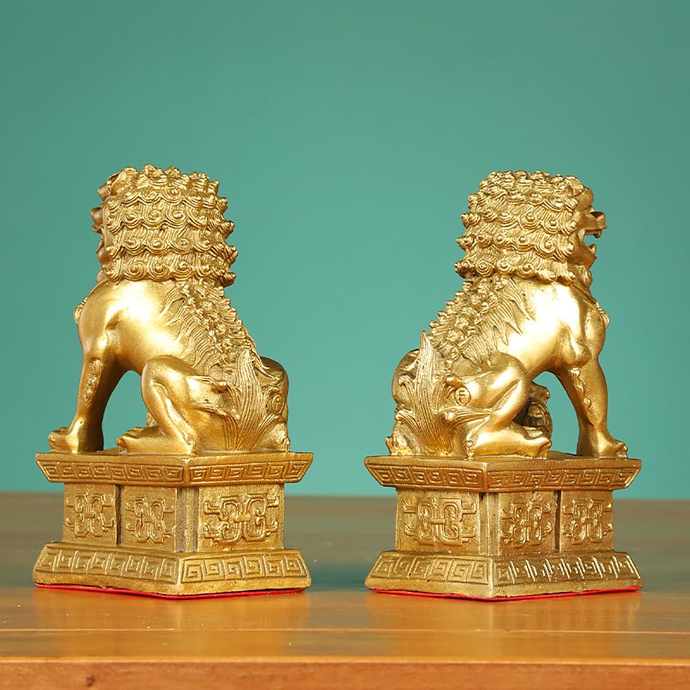 WHSY127 Para mosiężnych posągów psa Fu, chińskie lwy stróżują dla bogactwa i ochrony Feng Shui, figurki do wystroju wnętrz, parapetówkę, mosiądz, 3,74"