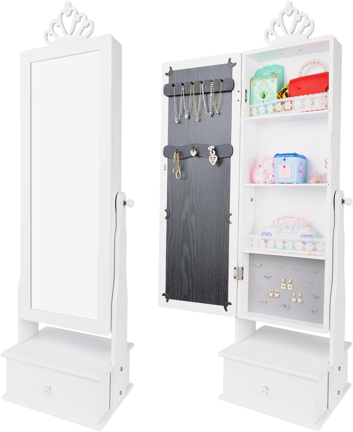 (color pink) Kids Jewelry Armoire Cabinet, Jewelry Organizer with Standing Full-Length Mirror, Girls Room Decor Kids Vanity Dress Up Mirror Jewelry Storage for Girls Bedroom,White