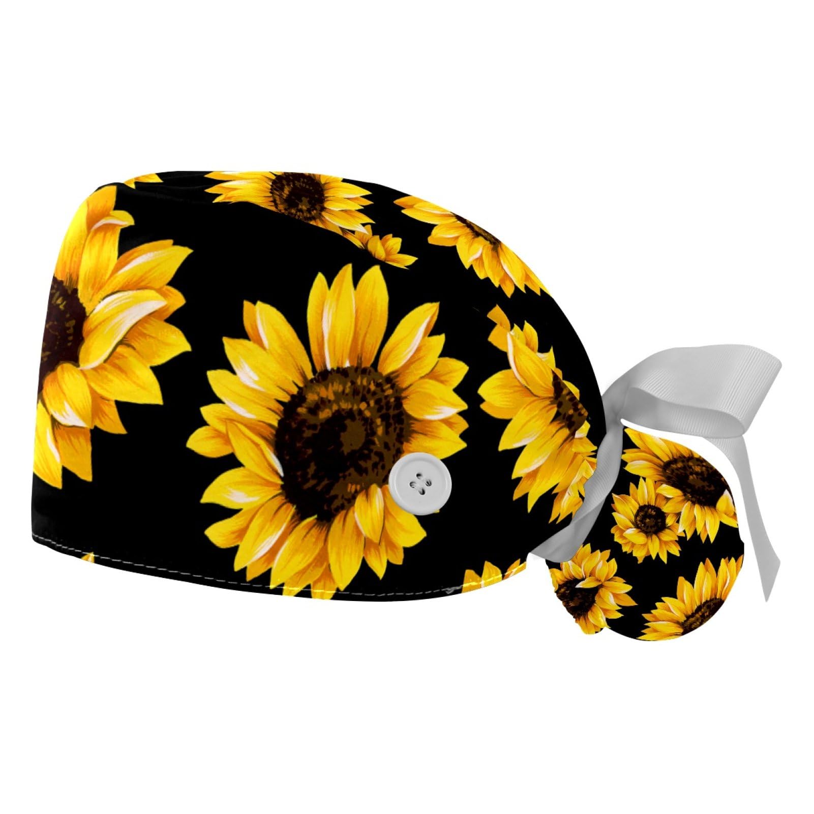 2 PCS Bouffant Cap with Button Ponytail Pouch Working Cap Sweatband Adjustable Surgical Cap Black and White Cow