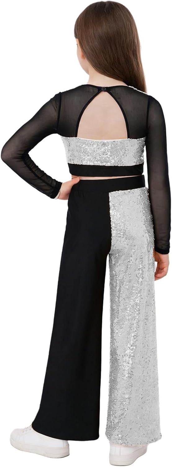 Girls Jazz Dance Outfit Sequins Hip Hop Dancewear Long Sleeve V Neck Crop Top with Elastic Waist Pants Silver 14 Years