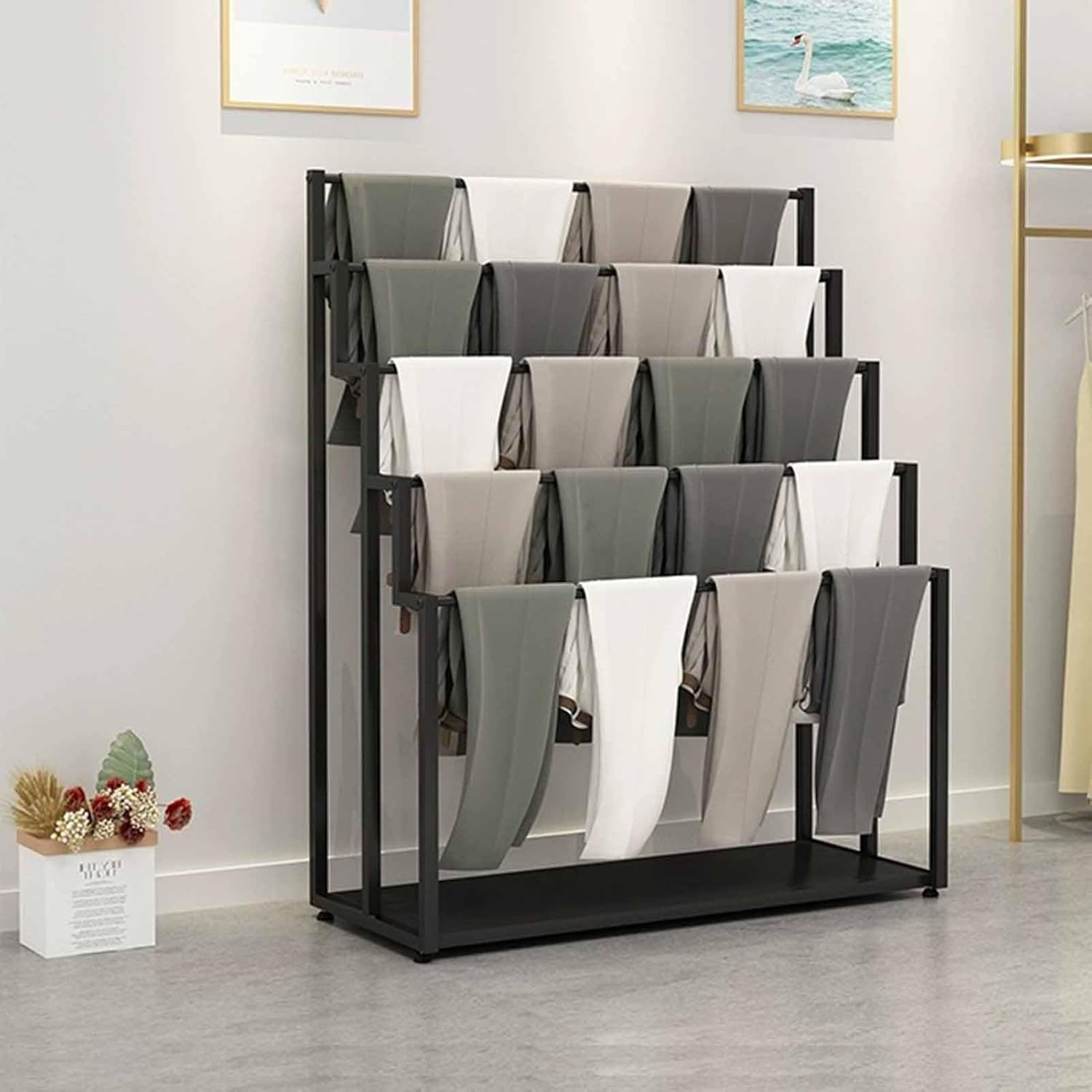 Prettiee 5-Layer Gold Metal Floor Standing Scarf Display Stand - Commercial Hijab nizer Rack for Clothing Stores, Belt & Towel Holder, White, 150x40x150cm (Black 150X40X150cm)