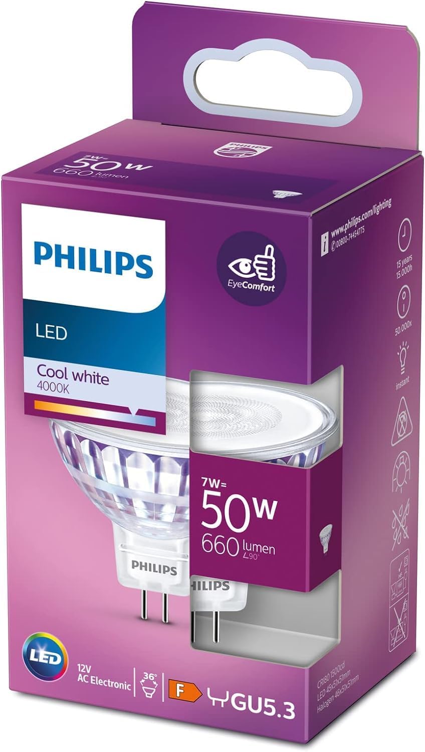 LED Reflector Light Spot [GU5.3] 7W - 50W Equivalent, Cool White (4000K), Non Dimmable.