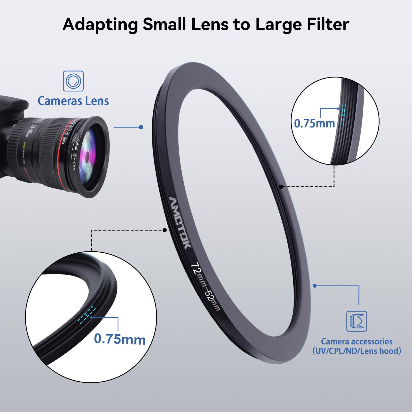 72mm Lens to 52mm Camera Lens Adapter,72mm to 52mm Filter Step-Down Ring Adapter Ring,Compatible All 52mm Filter Accessory — view 4