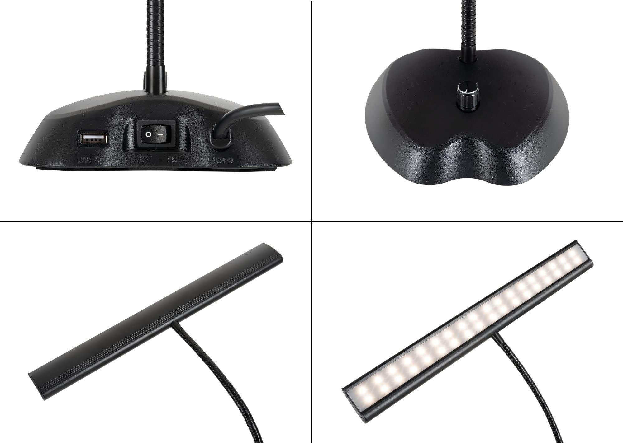 Classic Cantabile 12220 Lampada da Pianoforte Dimmerabile Bianca - 36 LED luminose - Collo d'oca lungo 38 cm - Porta di ricarica USB integrato per smartphone o tablet - Nero