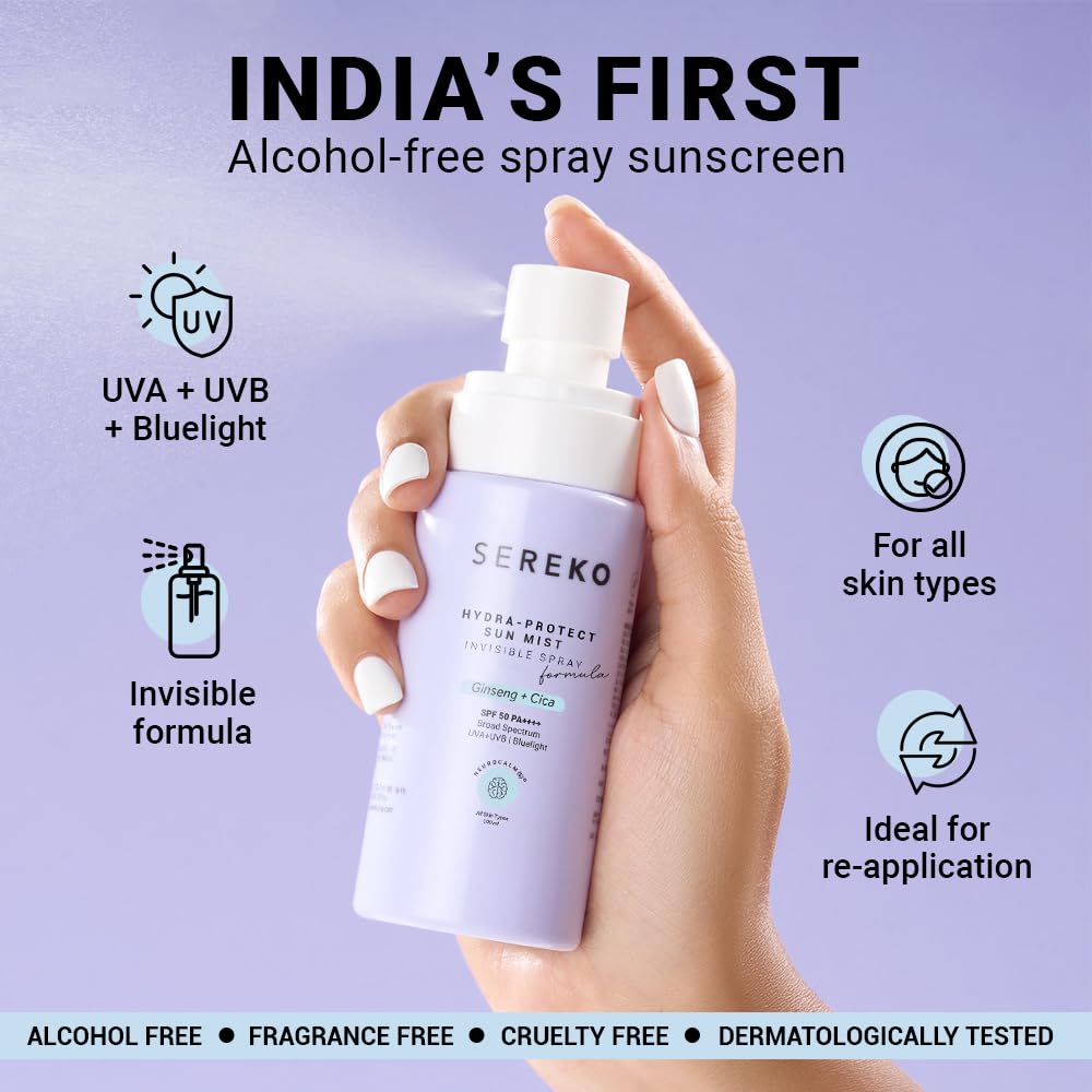 SEREKO Hydra-Protect Face & Body Sunscreen Spray SPF 50 PA++++ | Invisible, Non-Greasy Broad Spectrum UV Protection | Hydrating Cooling Mist | For All Skin Types | 100 ml 1