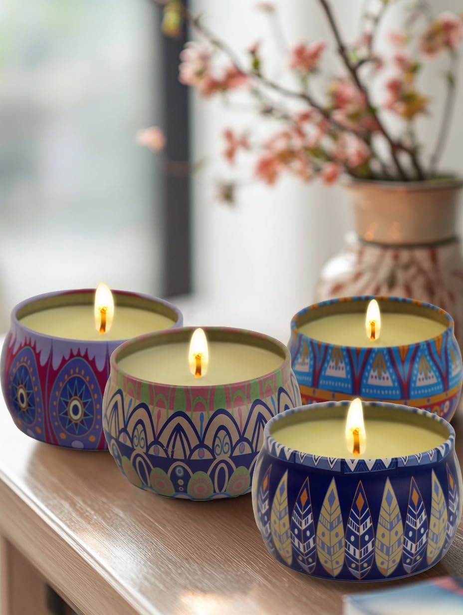 Scented Candles Gift Set for Women - 4 Pack Aromatherapy Candles with 8% Essential Oils, 120H Burn Time, Stress Relief & Relaxation, Soothing, Perfect