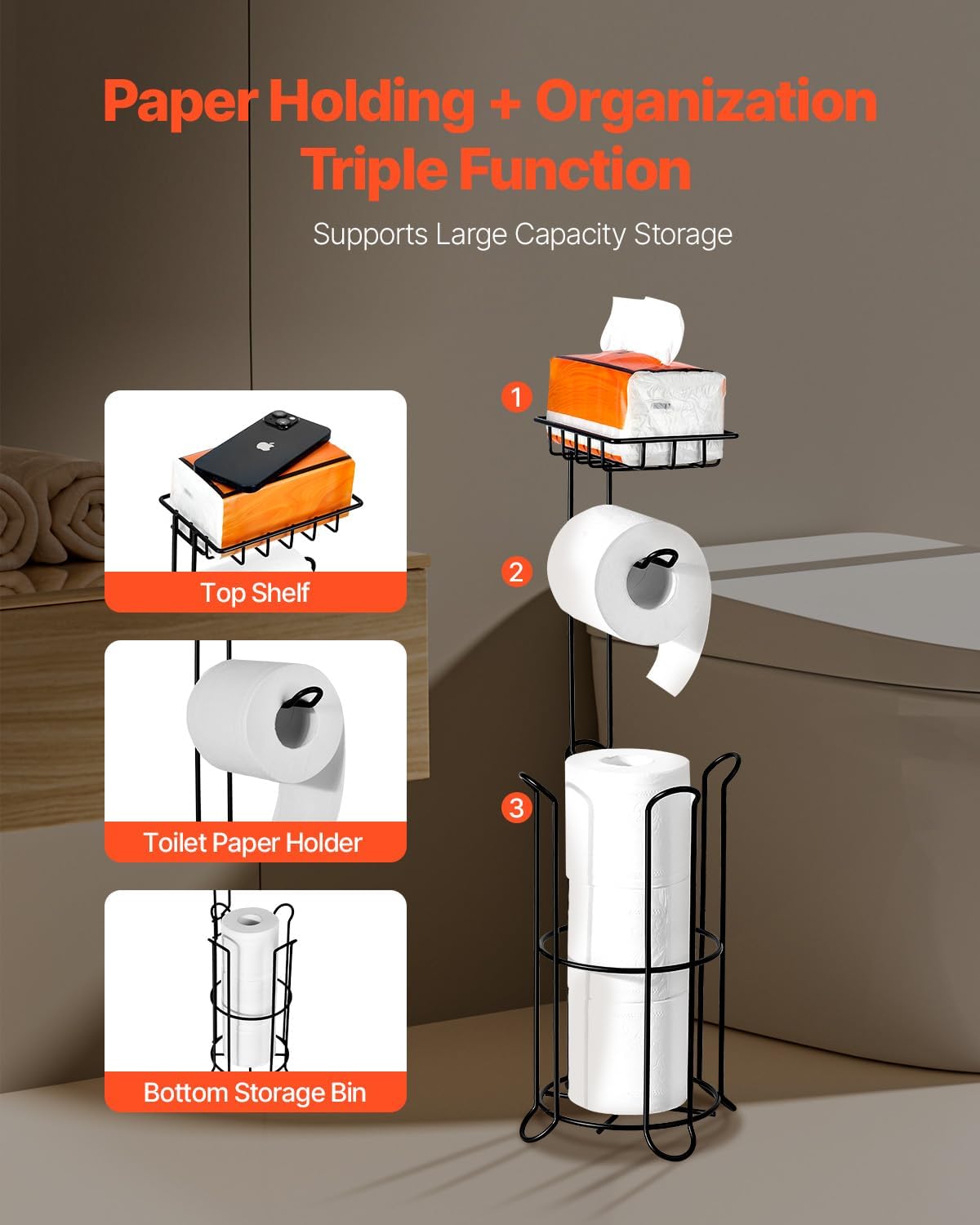 VEVOR Free Standing Toilet Paper Holder with Shelf, 3-in-1 Premium Metal Material, Store Up to 4 Mega Rolls, Elevated Base Design, Tissue Roll Storage Rack for Bathroom, Washroom, Matte Black