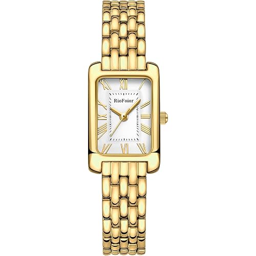Gold Watches for Women with Rectangular Case Roman Dial,Stainless Steel Band,Waterproof.Adjustment Tool Included