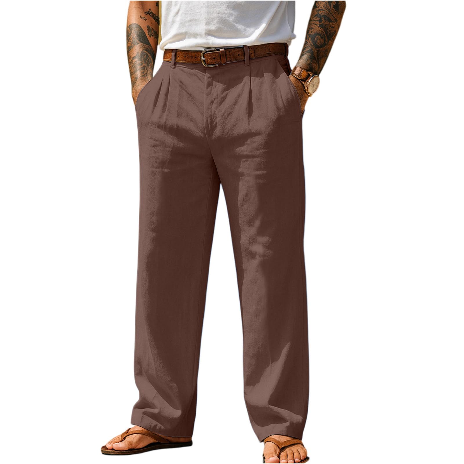 Linen Dress Pants Men Relaxed Fit Breathable Lightweight Work Pants Summer Casual Travel Beach Pants with Pockets